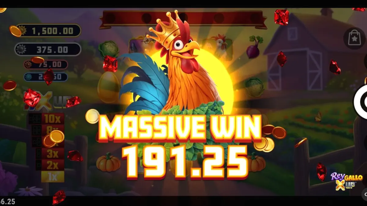 Interface do jogo de slot Rey Gallo X UP com tema de fazenda