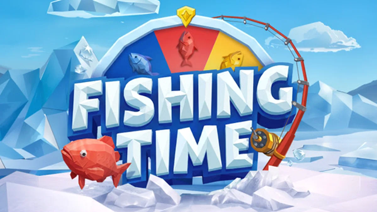 Interface do jogo Fishing Time com tema de pesca no gelo